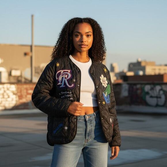 First Row Denim Sunshine Black Quilted Jacket Small Streetwear Bomber NWT - Picture 10 of 12